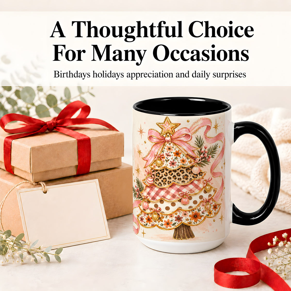 #pl[15oz|Black] Pink Bow Patterned Christmas Tree Accent Mug, Ceramic Mug