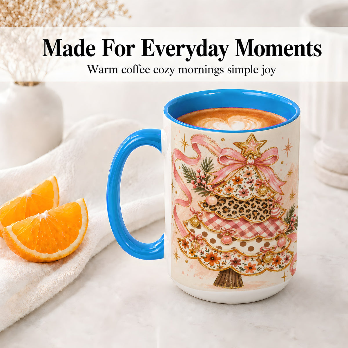 #pl[15oz|Blue] Pink Bow Patterned Christmas Tree Accent Mug, Ceramic Mug