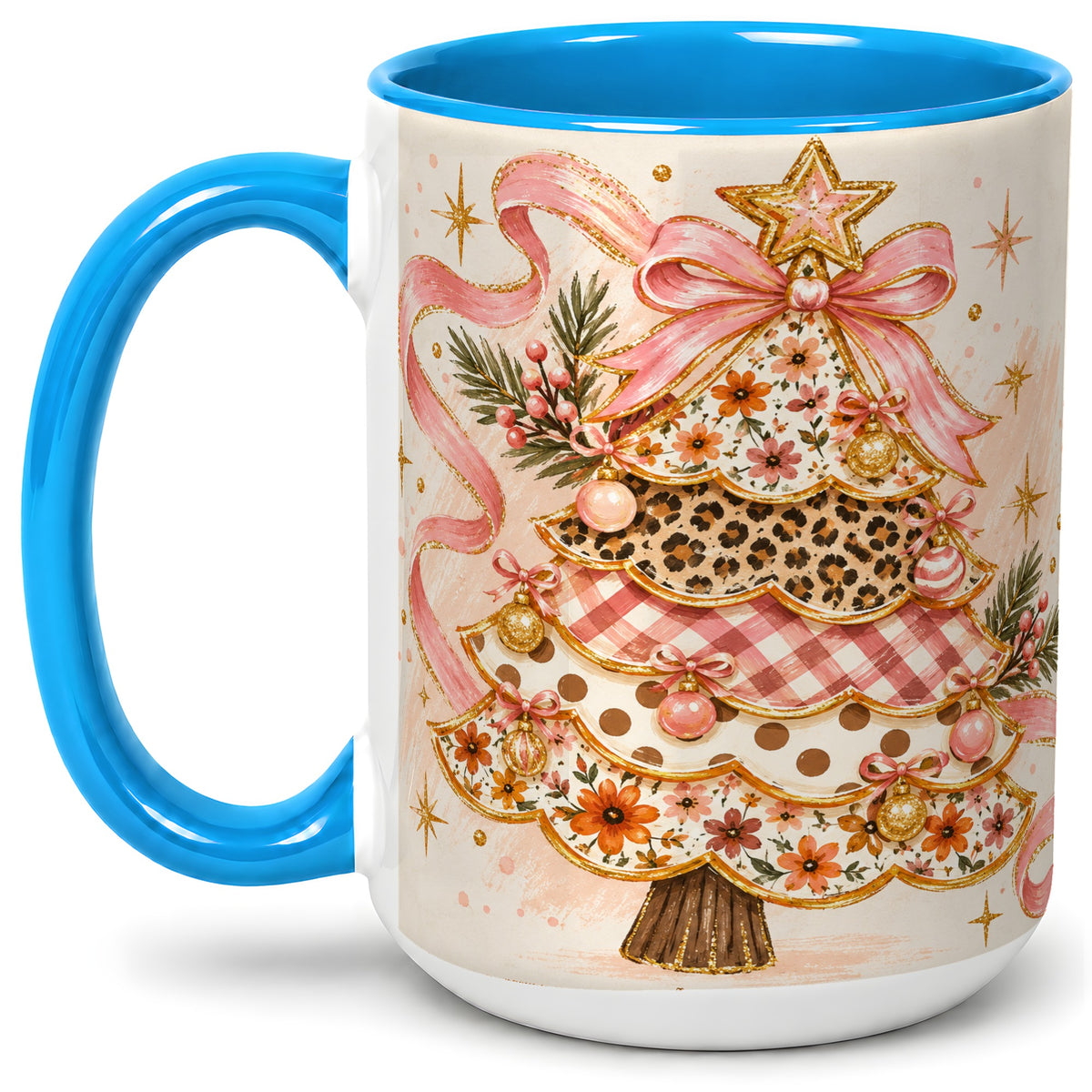#pl[15oz|Blue] Pink Bow Patterned Christmas Tree Accent Mug, Ceramic Mug