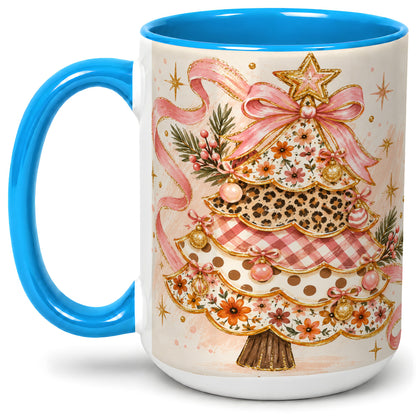 #pl[15oz|Blue] Pink Bow Patterned Christmas Tree Accent Mug, Ceramic Mug