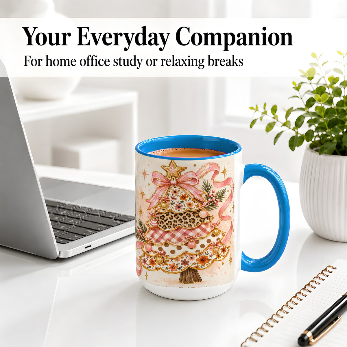 #pl[15oz|Blue] Pink Bow Patterned Christmas Tree Accent Mug, Ceramic Mug