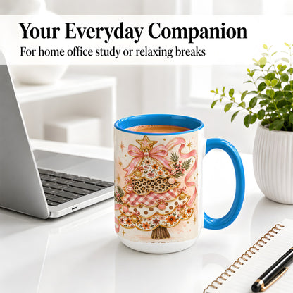 #pl[15oz|Blue] Pink Bow Patterned Christmas Tree Accent Mug, Ceramic Mug