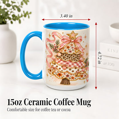 #pl[15oz|Blue] Pink Bow Patterned Christmas Tree Accent Mug, Ceramic Mug