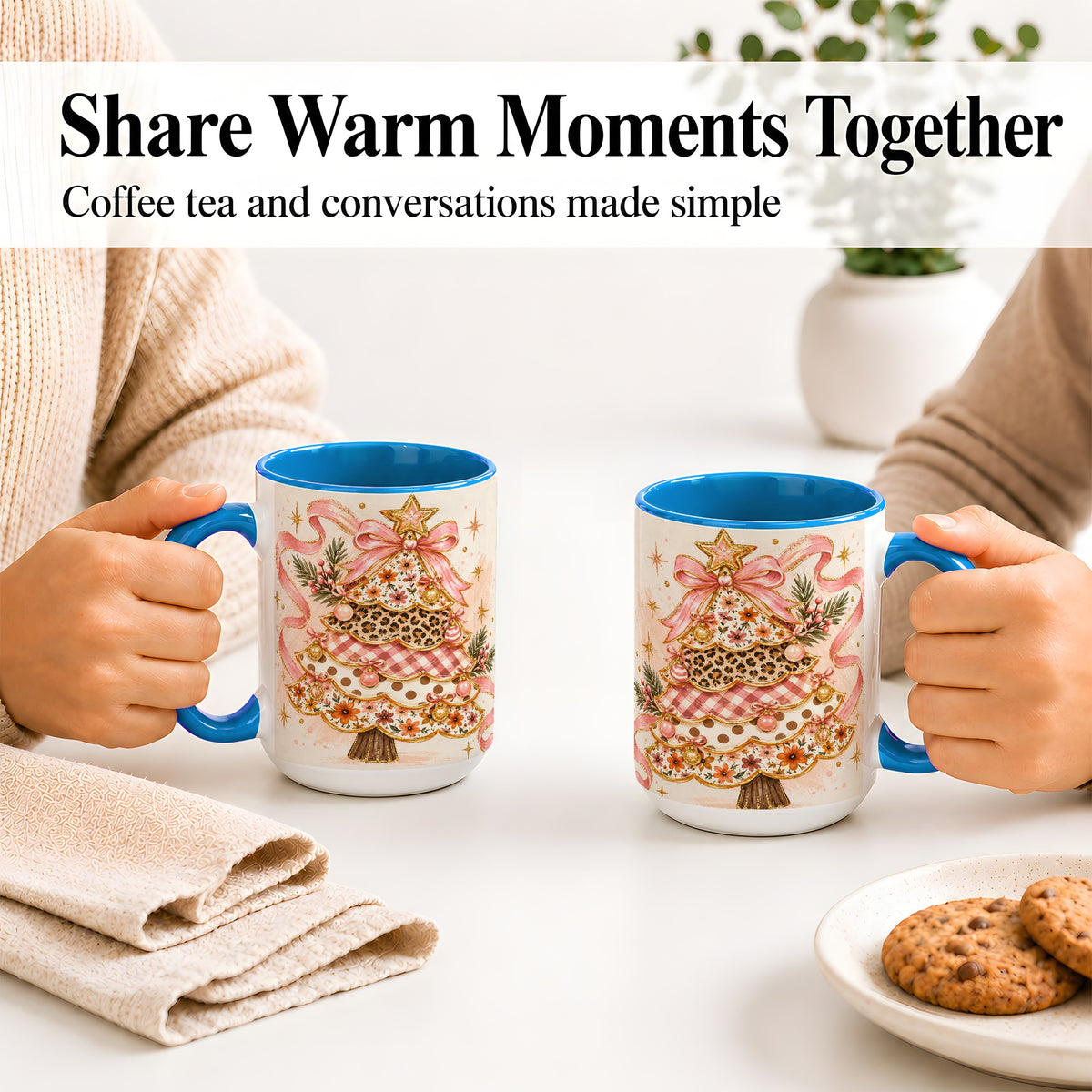 #pl[15oz|Blue] Pink Bow Patterned Christmas Tree Accent Mug, Ceramic Mug