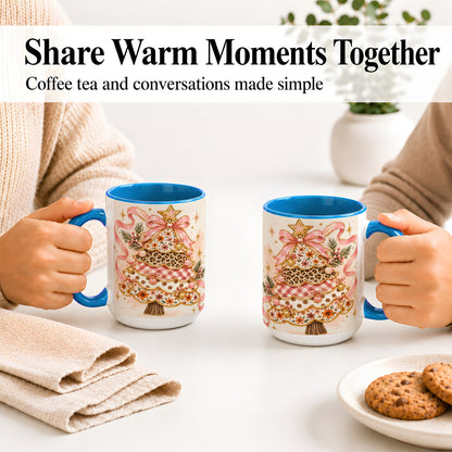 #pl[15oz|Blue] Pink Bow Patterned Christmas Tree Accent Mug, Ceramic Mug