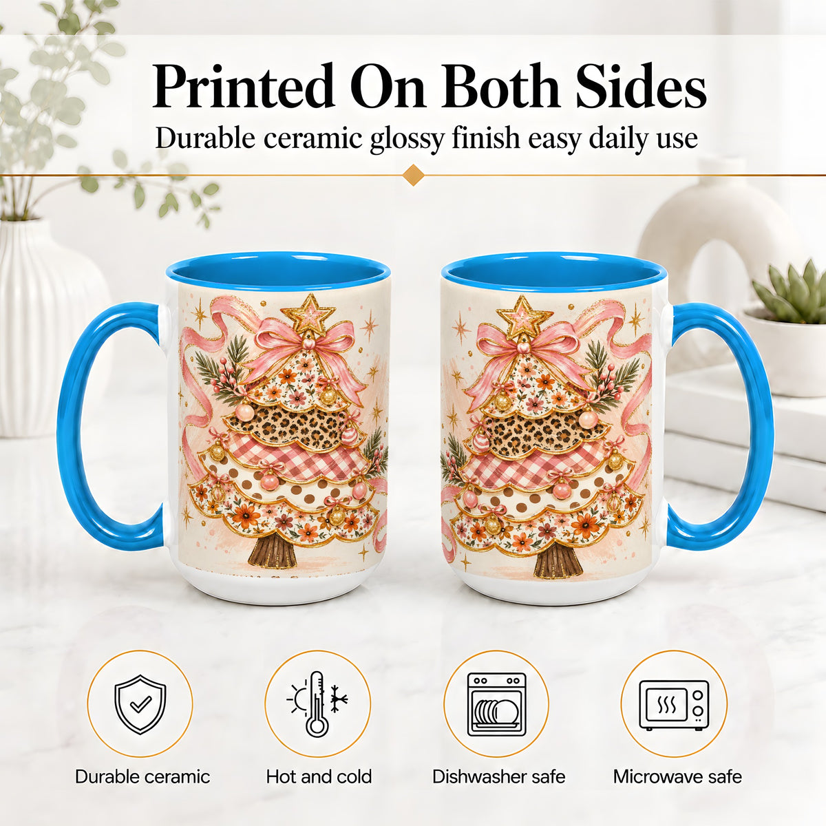 #pl[15oz|Blue] Pink Bow Patterned Christmas Tree Accent Mug, Ceramic Mug