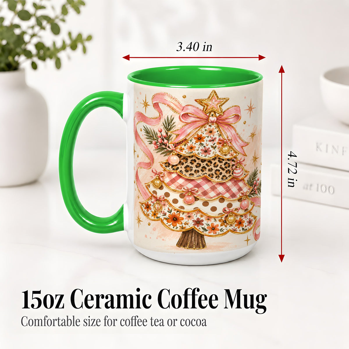 #pl[15oz|Green] Pink Bow Patterned Christmas Tree Accent Mug, Ceramic Mug
