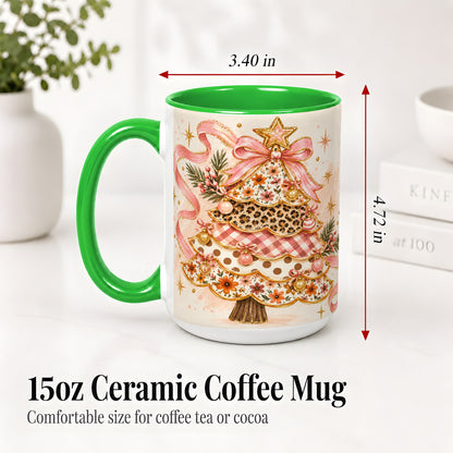 #pl[15oz|Green] Pink Bow Patterned Christmas Tree Accent Mug, Ceramic Mug