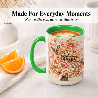 #pl[15oz|Green] Pink Bow Patterned Christmas Tree Accent Mug, Ceramic Mug