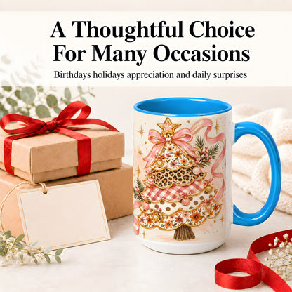 #pl[15oz|Blue] Pink Bow Patterned Christmas Tree Accent Mug, Ceramic Mug