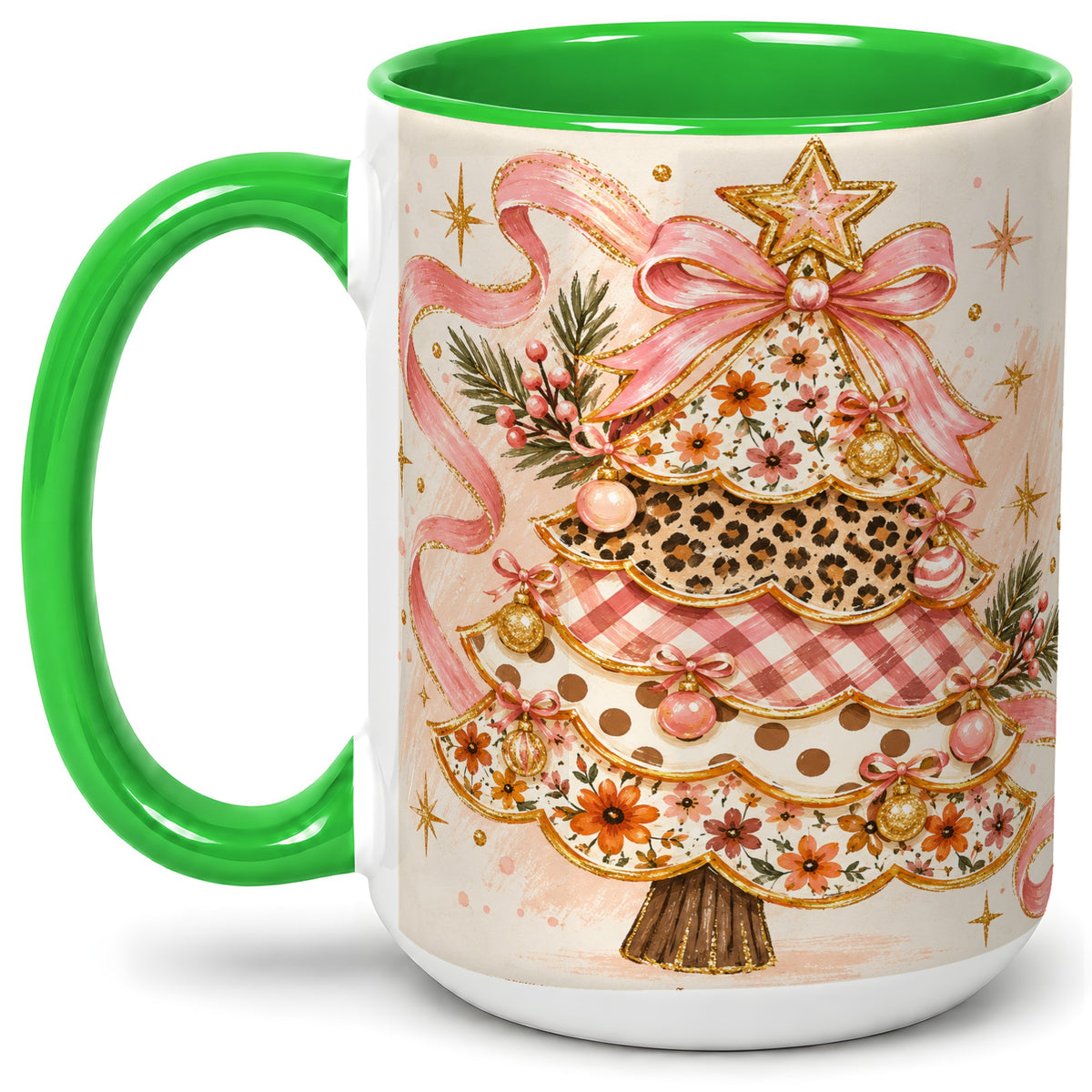 #pl[15oz|Green] Pink Bow Patterned Christmas Tree Accent Mug, Ceramic Mug