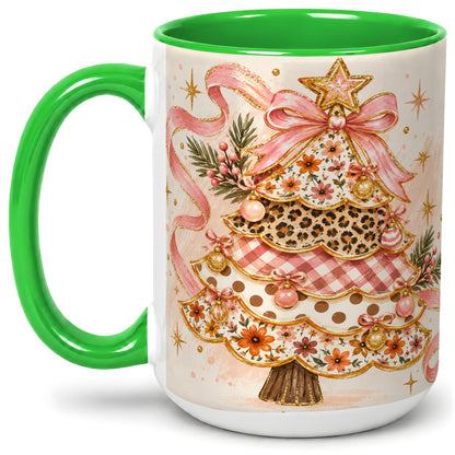#pl[15oz|Green] Pink Bow Patterned Christmas Tree Accent Mug, Ceramic Mug