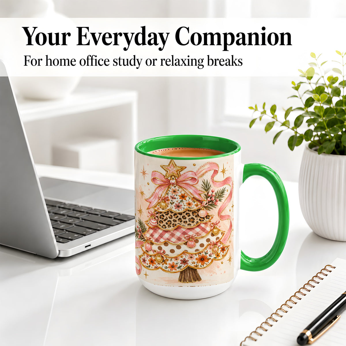 #pl[15oz|Green] Pink Bow Patterned Christmas Tree Accent Mug, Ceramic Mug
