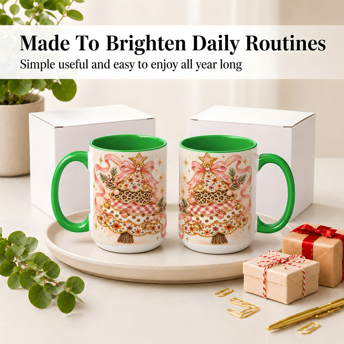 #pl[15oz|Green] Pink Bow Patterned Christmas Tree Accent Mug, Ceramic Mug