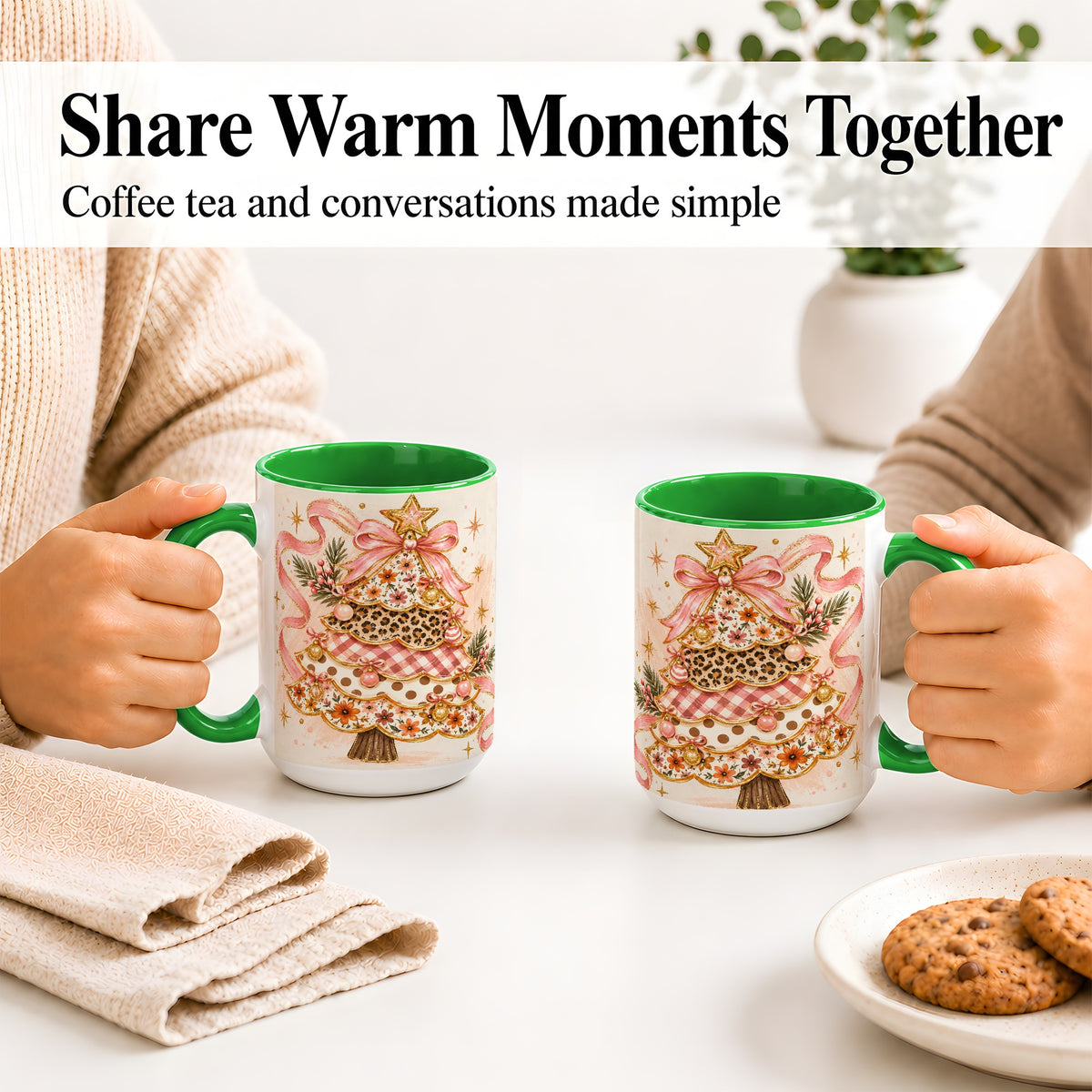 #pl[15oz|Green] Pink Bow Patterned Christmas Tree Accent Mug, Ceramic Mug