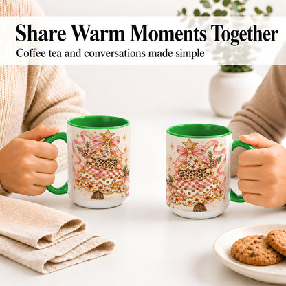 #pl[15oz|Green] Pink Bow Patterned Christmas Tree Accent Mug, Ceramic Mug