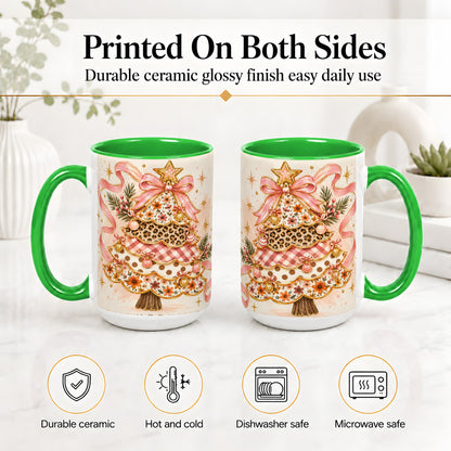 #pl[15oz|Green] Pink Bow Patterned Christmas Tree Accent Mug, Ceramic Mug