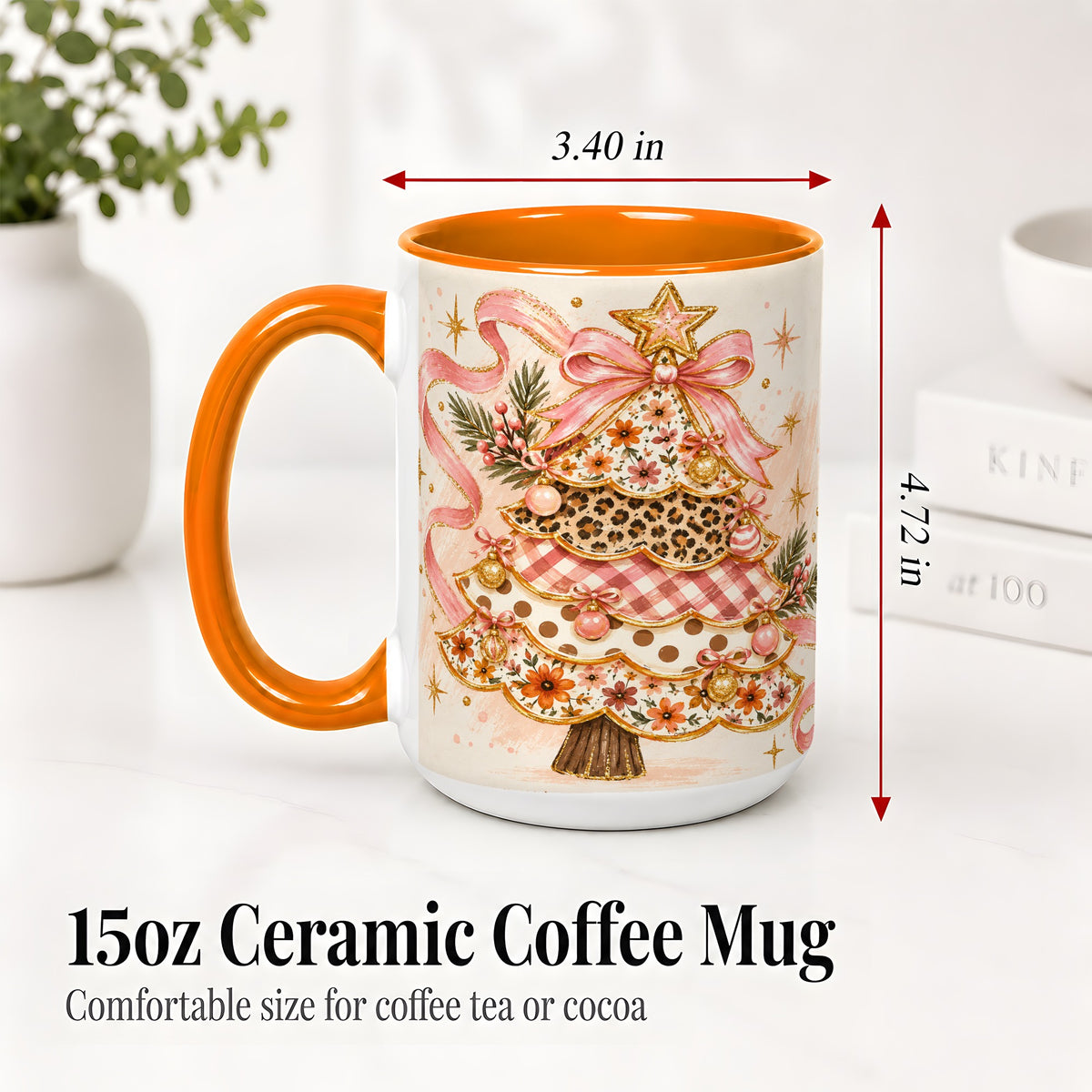 #pl[15oz|Orange] Pink Bow Patterned Christmas Tree Accent Mug, Ceramic Mug