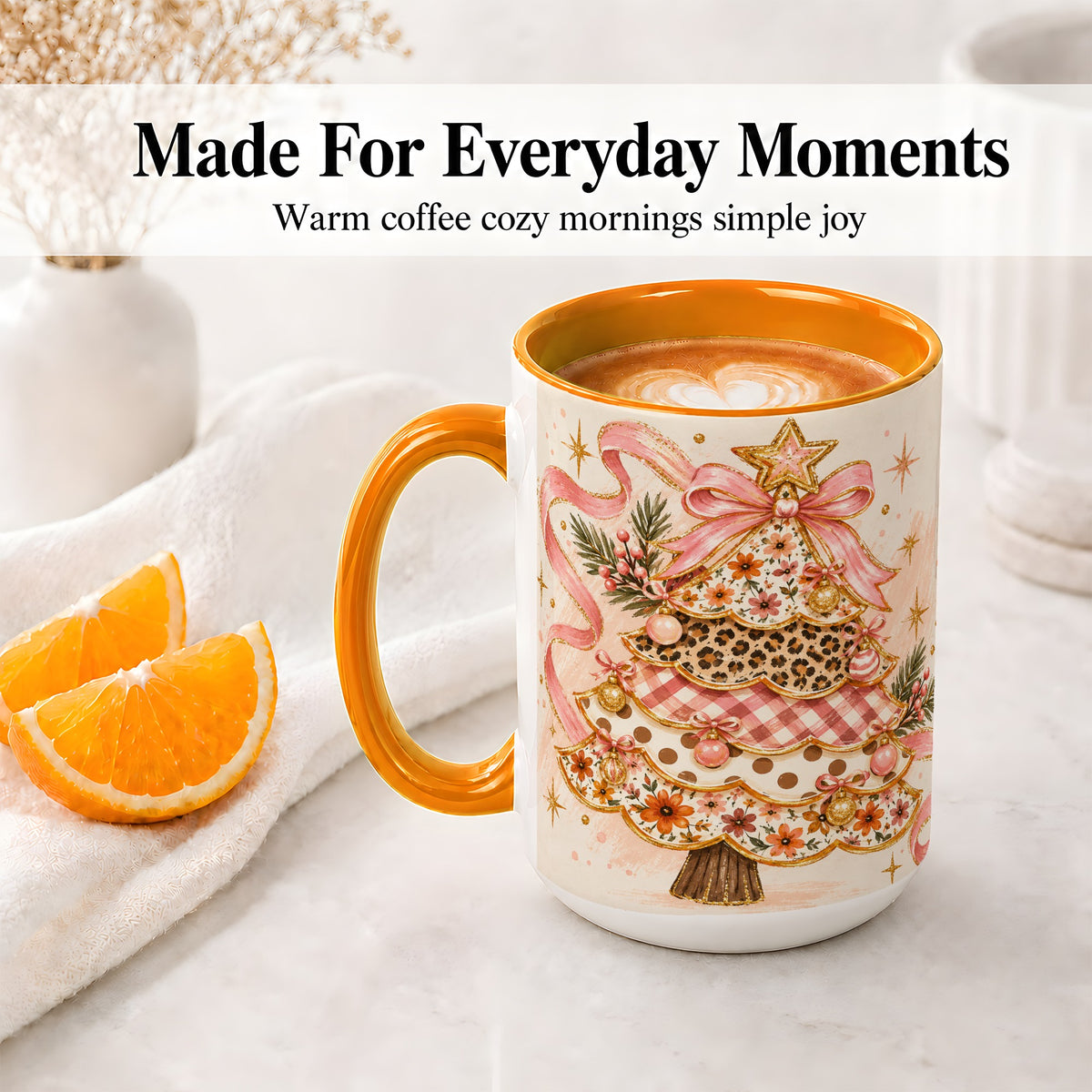 #pl[15oz|Orange] Pink Bow Patterned Christmas Tree Accent Mug, Ceramic Mug