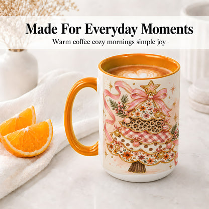#pl[15oz|Orange] Pink Bow Patterned Christmas Tree Accent Mug, Ceramic Mug