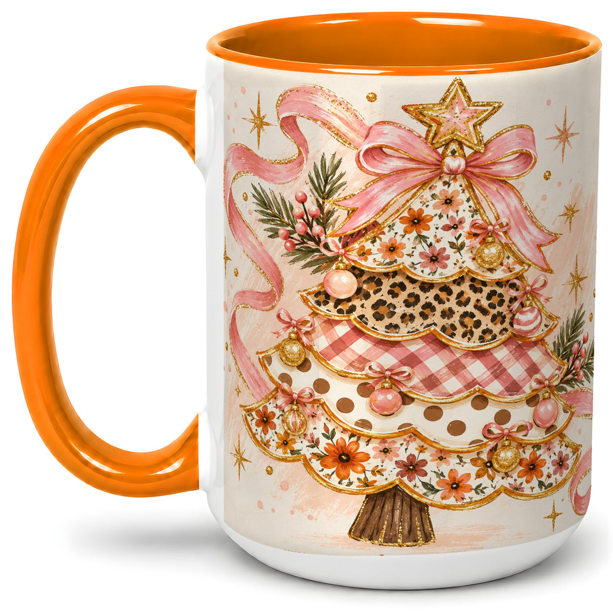 #pl[15oz|Orange] Pink Bow Patterned Christmas Tree Accent Mug, Ceramic Mug