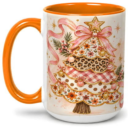 #pl[15oz|Orange] Pink Bow Patterned Christmas Tree Accent Mug, Ceramic Mug