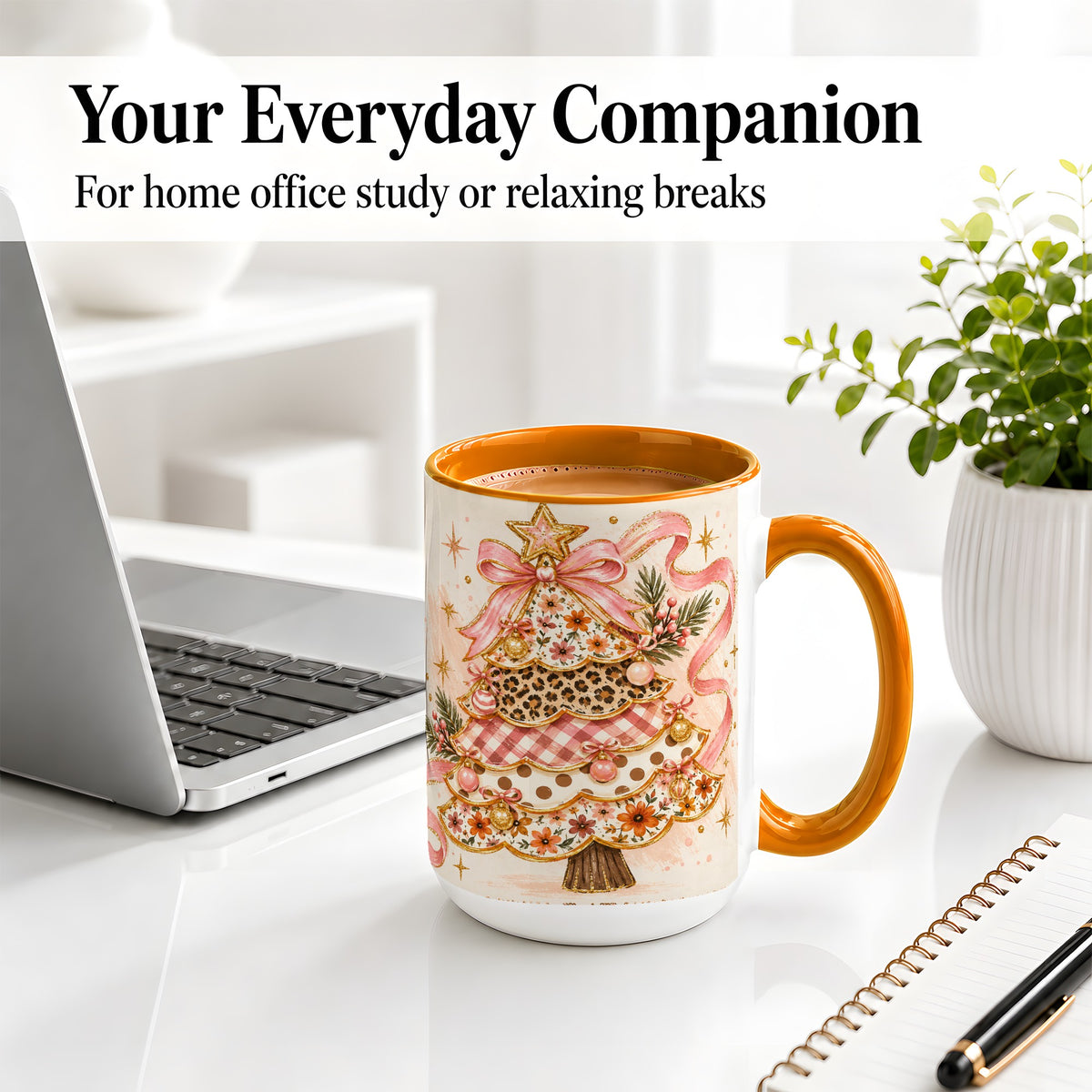 #pl[15oz|Orange] Pink Bow Patterned Christmas Tree Accent Mug, Ceramic Mug