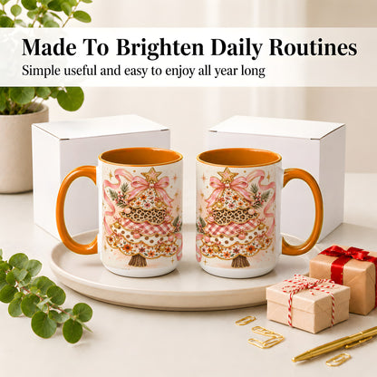 #pl[15oz|Orange] Pink Bow Patterned Christmas Tree Accent Mug, Ceramic Mug
