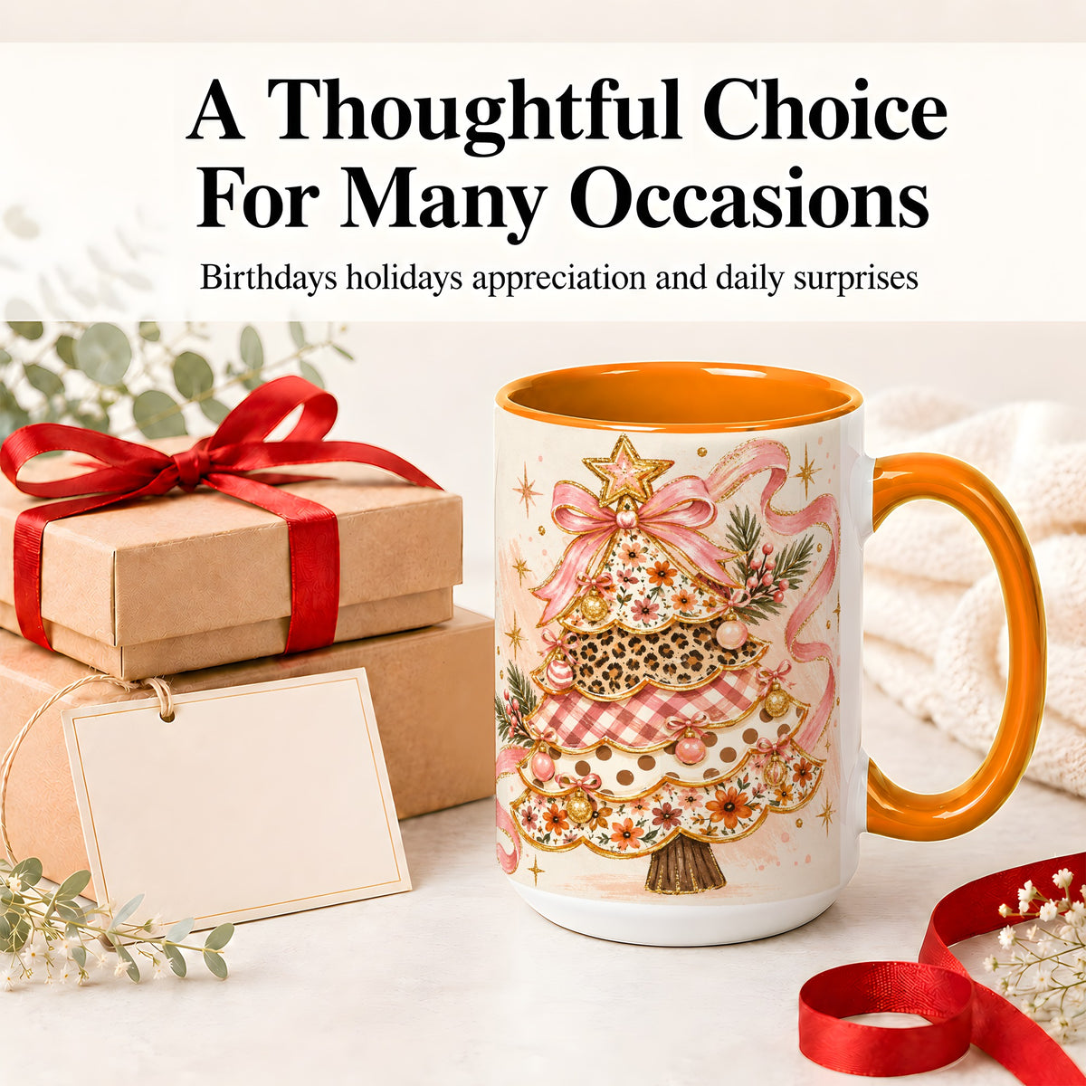 #pl[15oz|Orange] Pink Bow Patterned Christmas Tree Accent Mug, Ceramic Mug