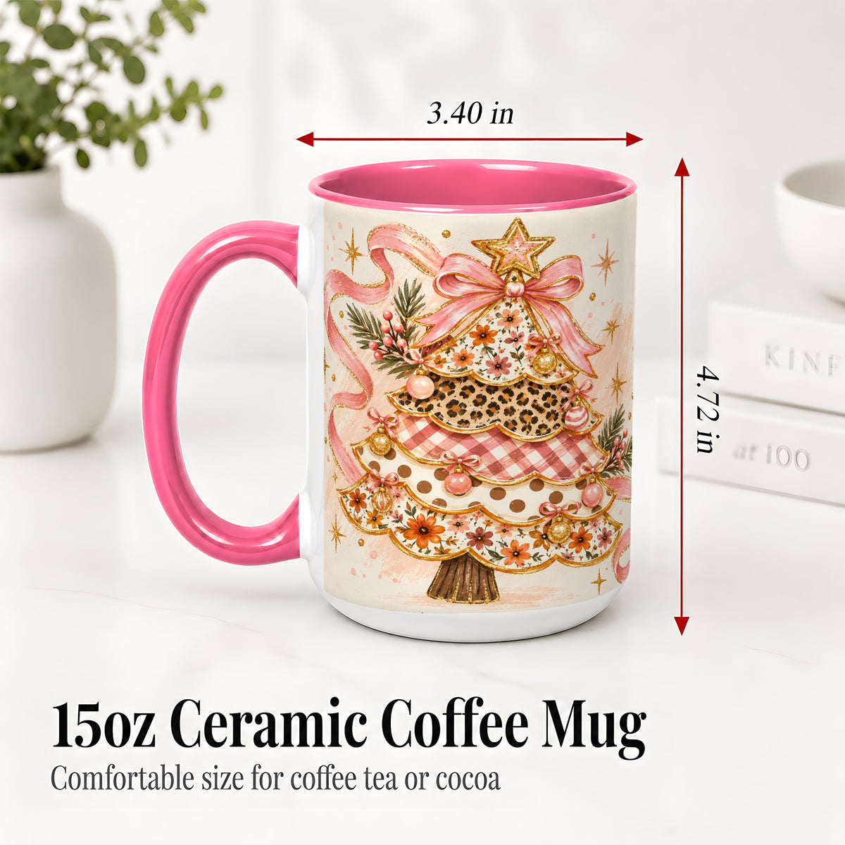 #pl[15oz|Pink] Pink Bow Patterned Christmas Tree Accent Mug, Ceramic Mug