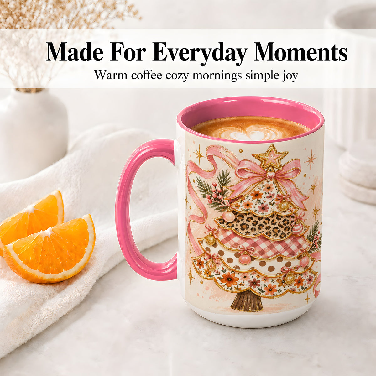 #pl[15oz|Pink] Pink Bow Patterned Christmas Tree Accent Mug, Ceramic Mug