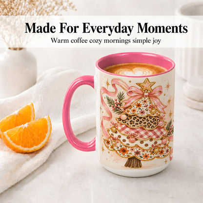 #pl[15oz|Pink] Pink Bow Patterned Christmas Tree Accent Mug, Ceramic Mug