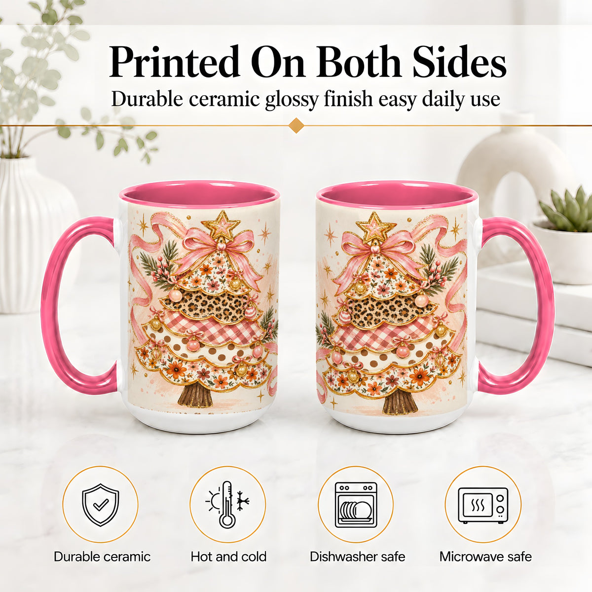 #pl[15oz|Pink] Pink Bow Patterned Christmas Tree Accent Mug, Ceramic Mug