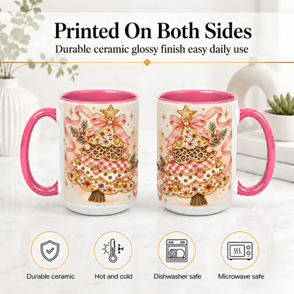 #pl[15oz|Pink] Pink Bow Patterned Christmas Tree Accent Mug, Ceramic Mug