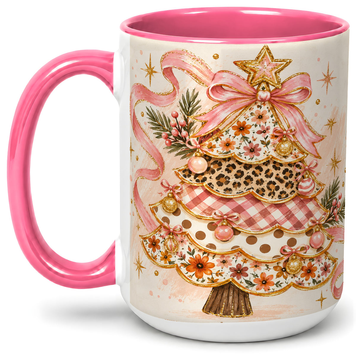 #pl[15oz|Pink] Pink Bow Patterned Christmas Tree Accent Mug, Ceramic Mug
