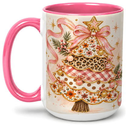 #pl[15oz|Pink] Pink Bow Patterned Christmas Tree Accent Mug, Ceramic Mug