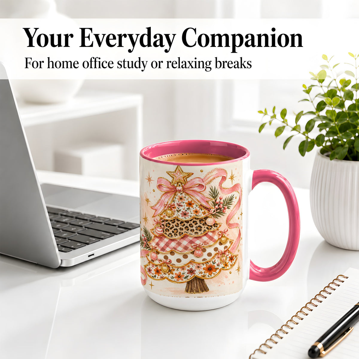 #pl[15oz|Pink] Pink Bow Patterned Christmas Tree Accent Mug, Ceramic Mug