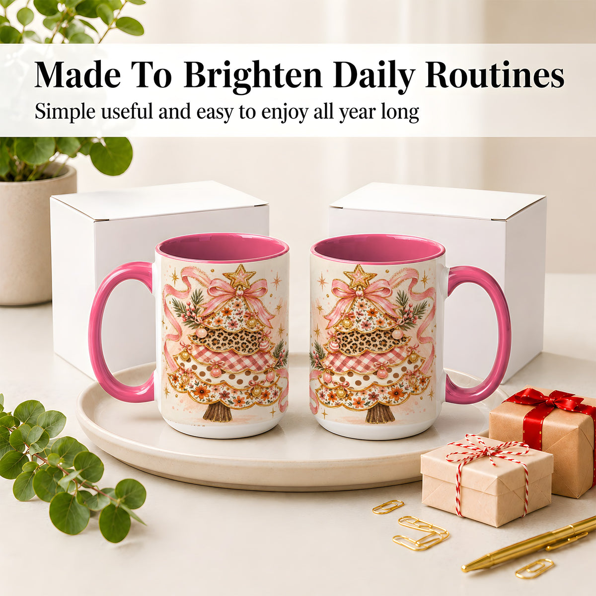 #pl[15oz|Pink] Pink Bow Patterned Christmas Tree Accent Mug, Ceramic Mug