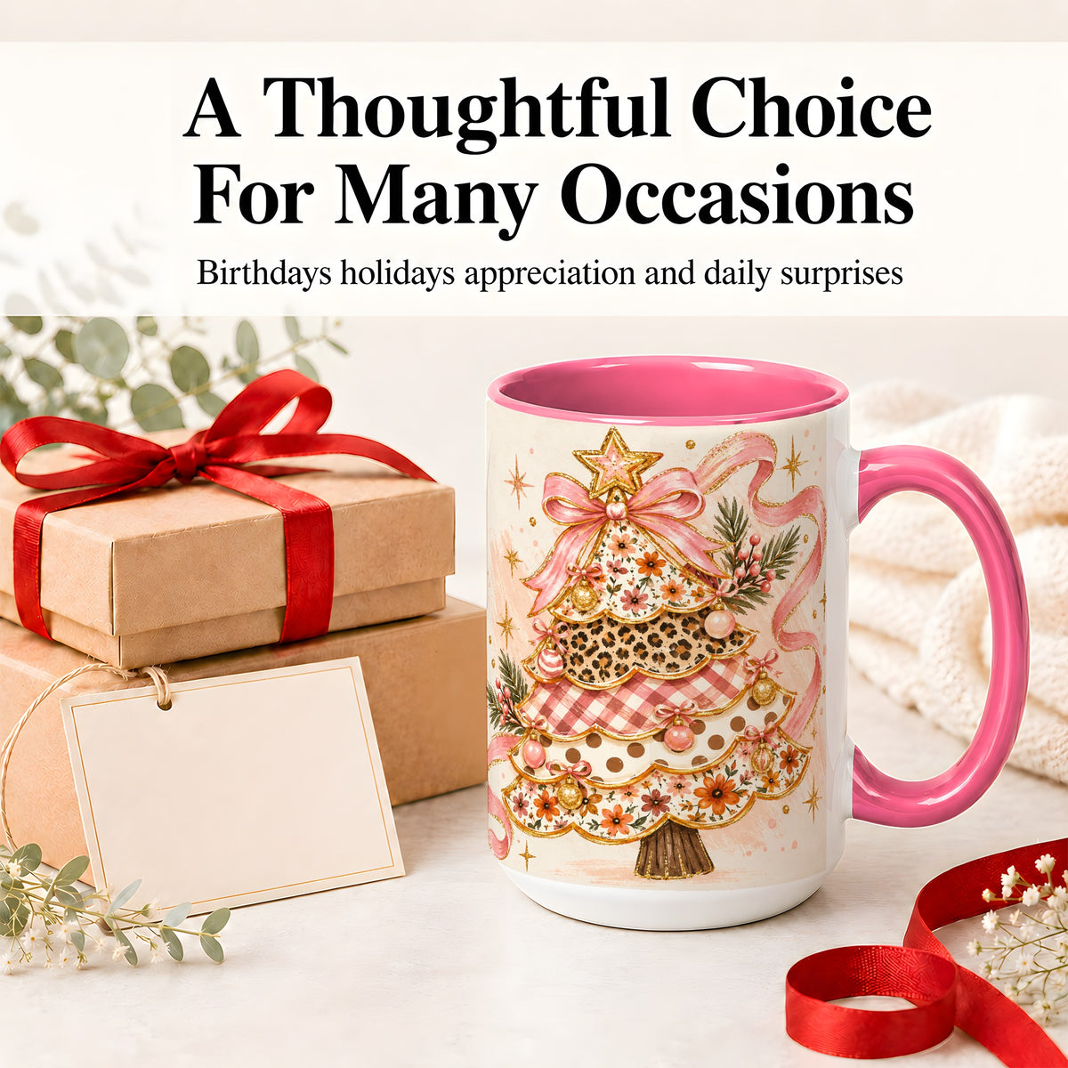 #pl[15oz|Pink] Pink Bow Patterned Christmas Tree Accent Mug, Ceramic Mug