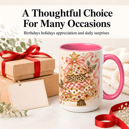 #pl[15oz|Pink] Pink Bow Patterned Christmas Tree Accent Mug, Ceramic Mug