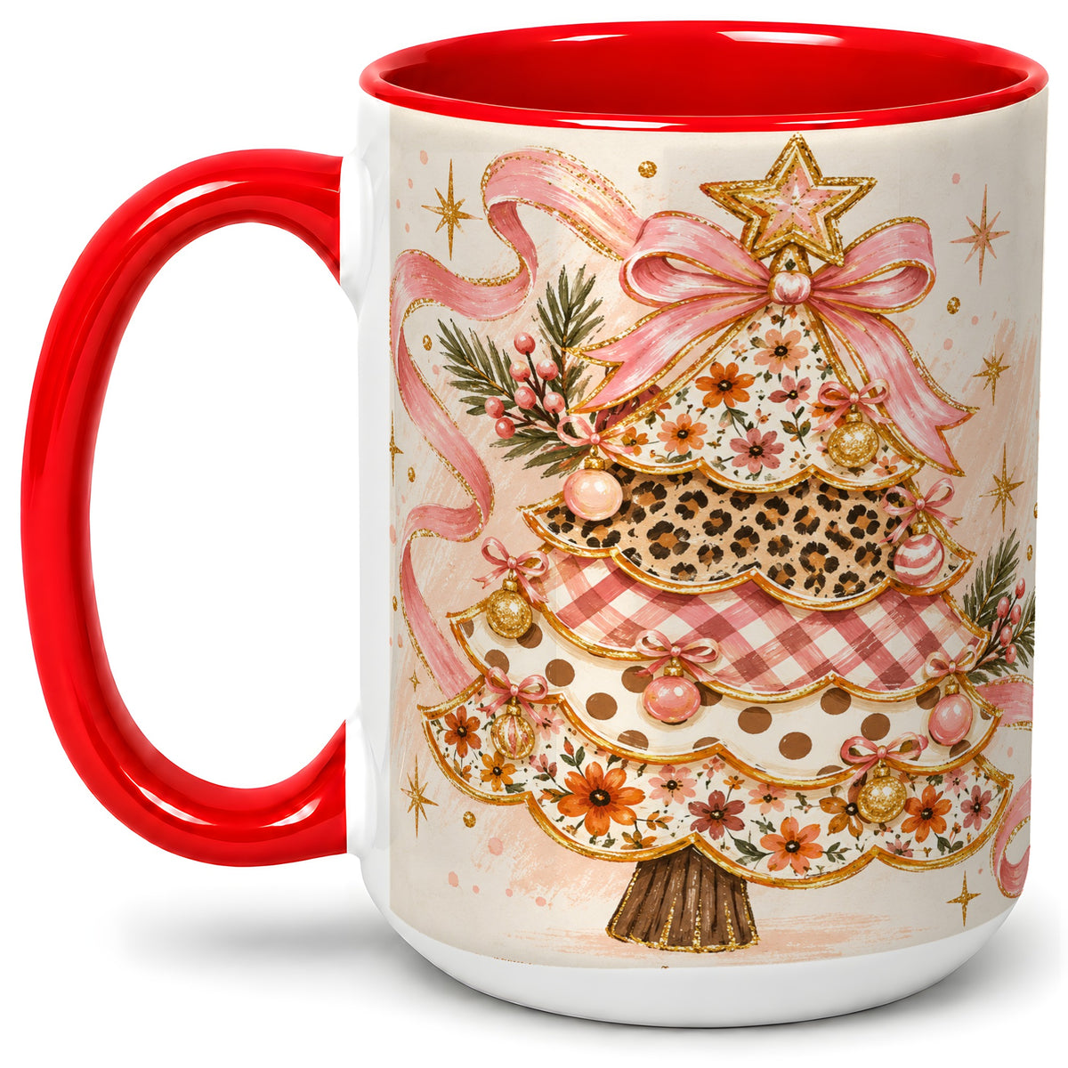 #pl[15oz|Red] Pink Bow Patterned Christmas Tree Accent Mug, Ceramic Mug