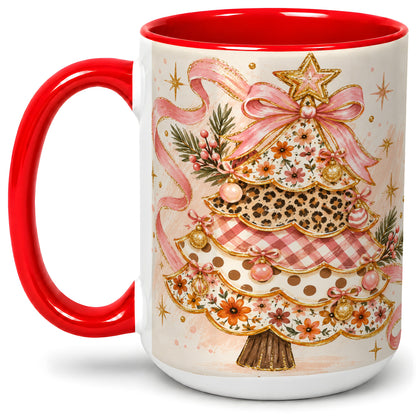#pl[15oz|Red] Pink Bow Patterned Christmas Tree Accent Mug, Ceramic Mug