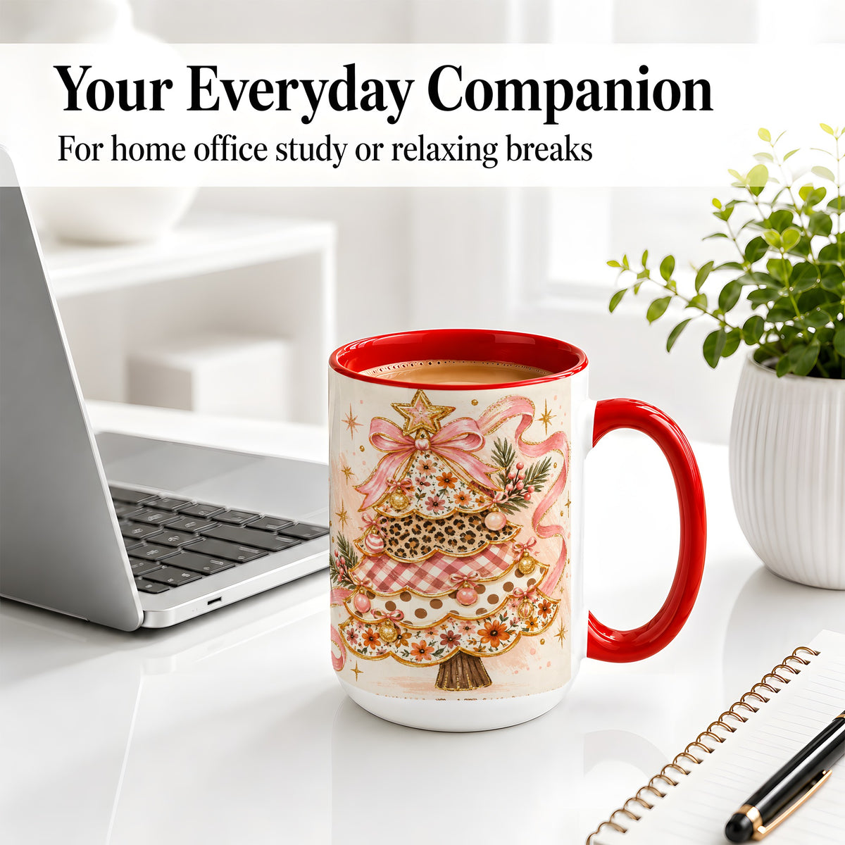 #pl[15oz|Red] Pink Bow Patterned Christmas Tree Accent Mug, Ceramic Mug