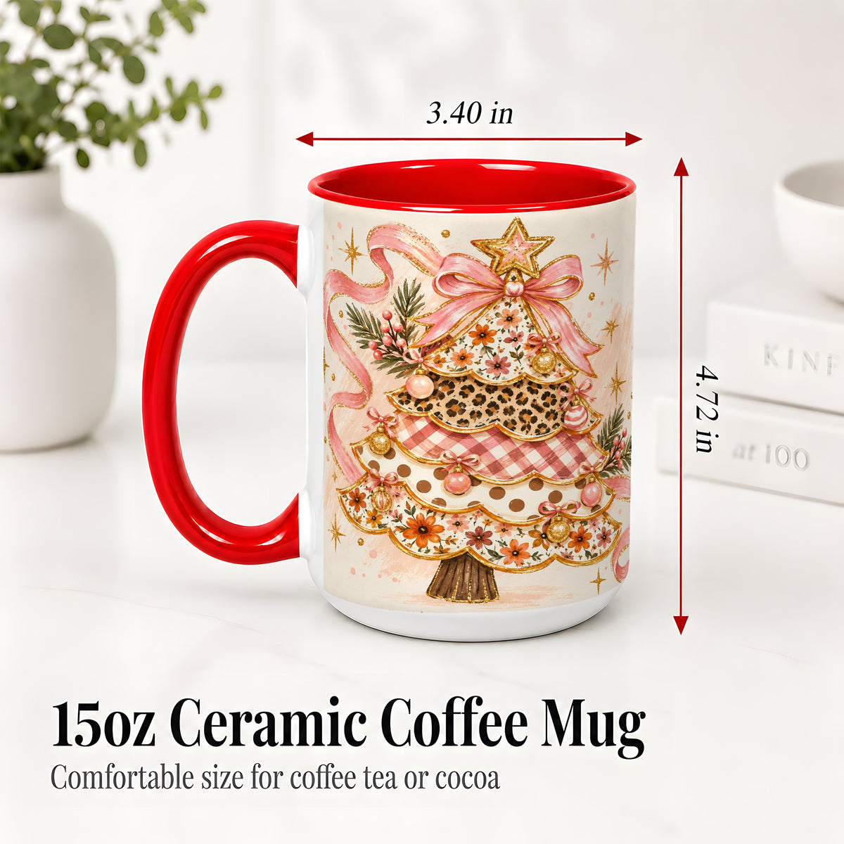 #pl[15oz|Red] Pink Bow Patterned Christmas Tree Accent Mug, Ceramic Mug