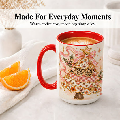 #pl[15oz|Red] Pink Bow Patterned Christmas Tree Accent Mug, Ceramic Mug