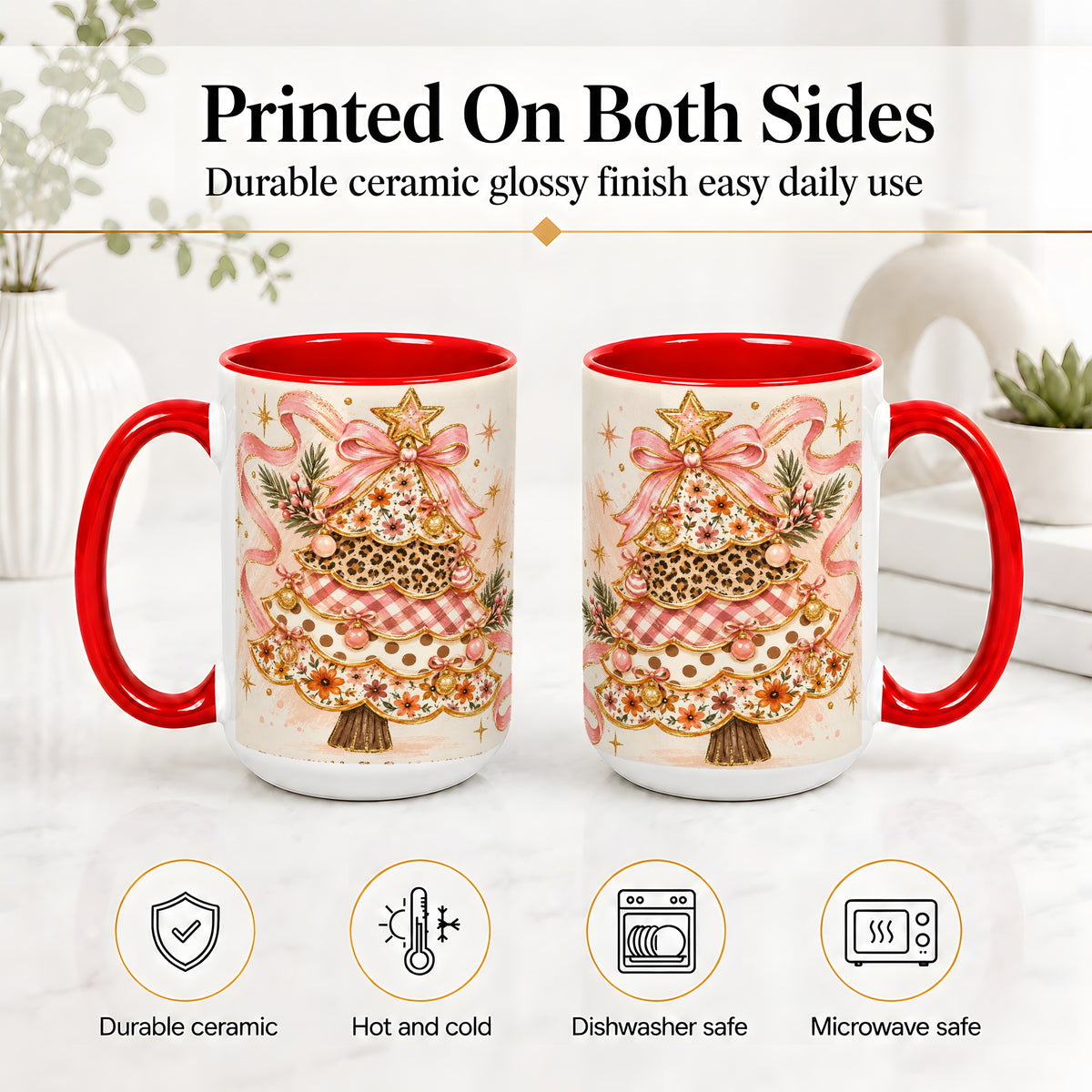 #pl[15oz|Red] Pink Bow Patterned Christmas Tree Accent Mug, Ceramic Mug