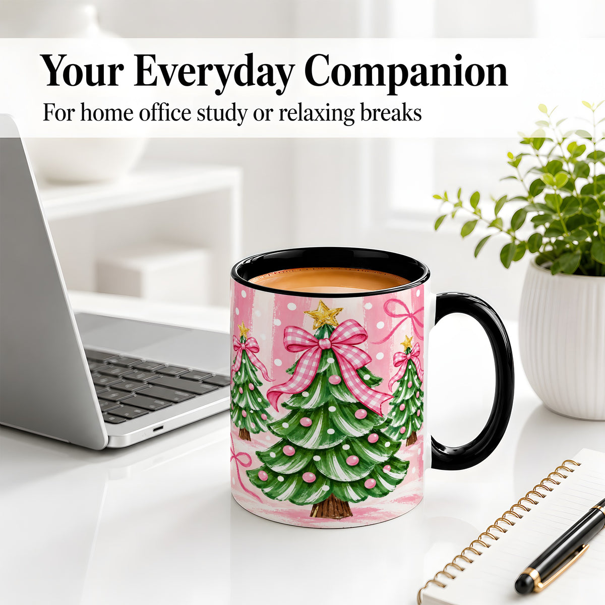 #pl[11oz|Black] Pink Gingham Christmas Tree Accent Mug, Ceramic Mug for Holiday Fans