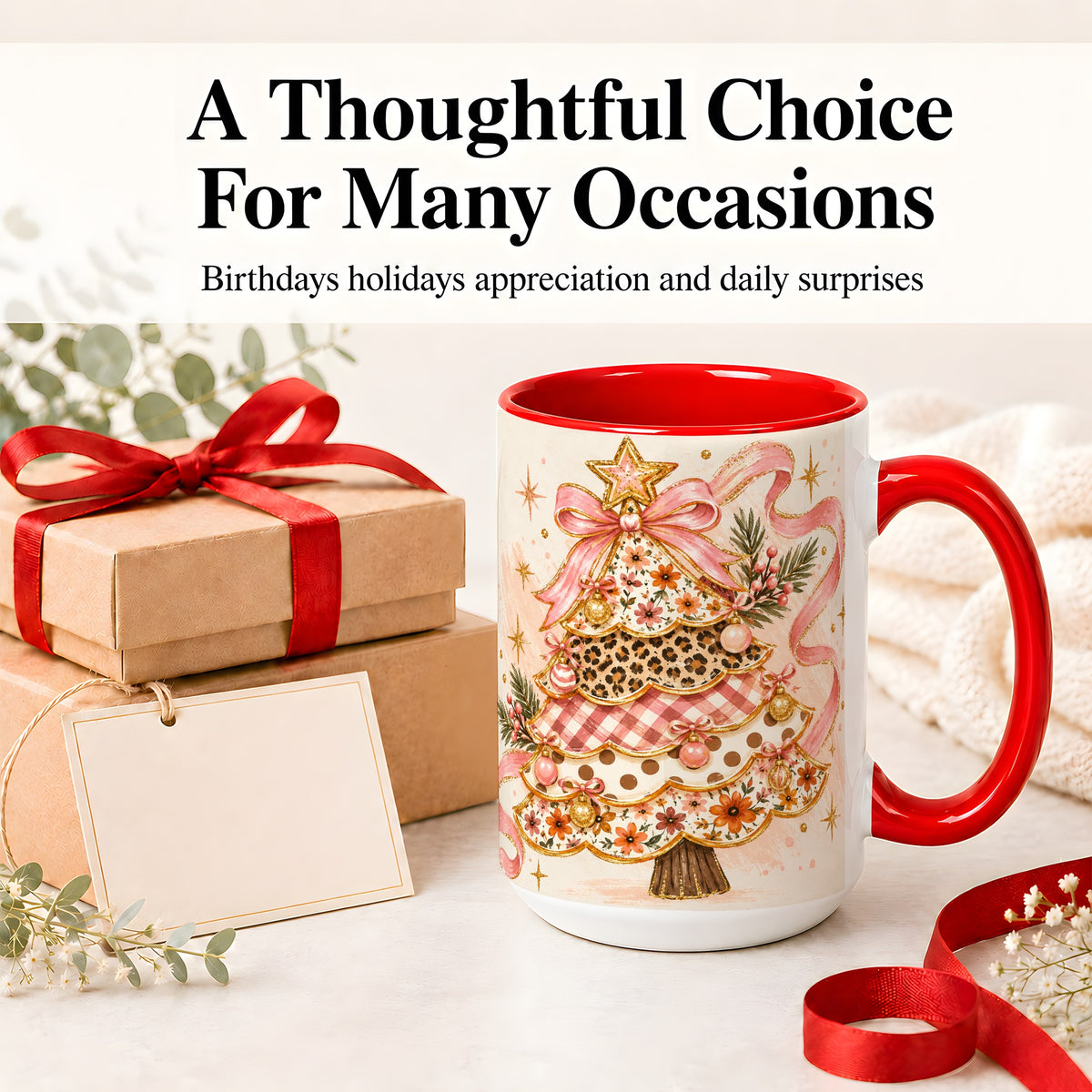 #pl[15oz|Red] Pink Bow Patterned Christmas Tree Accent Mug, Ceramic Mug