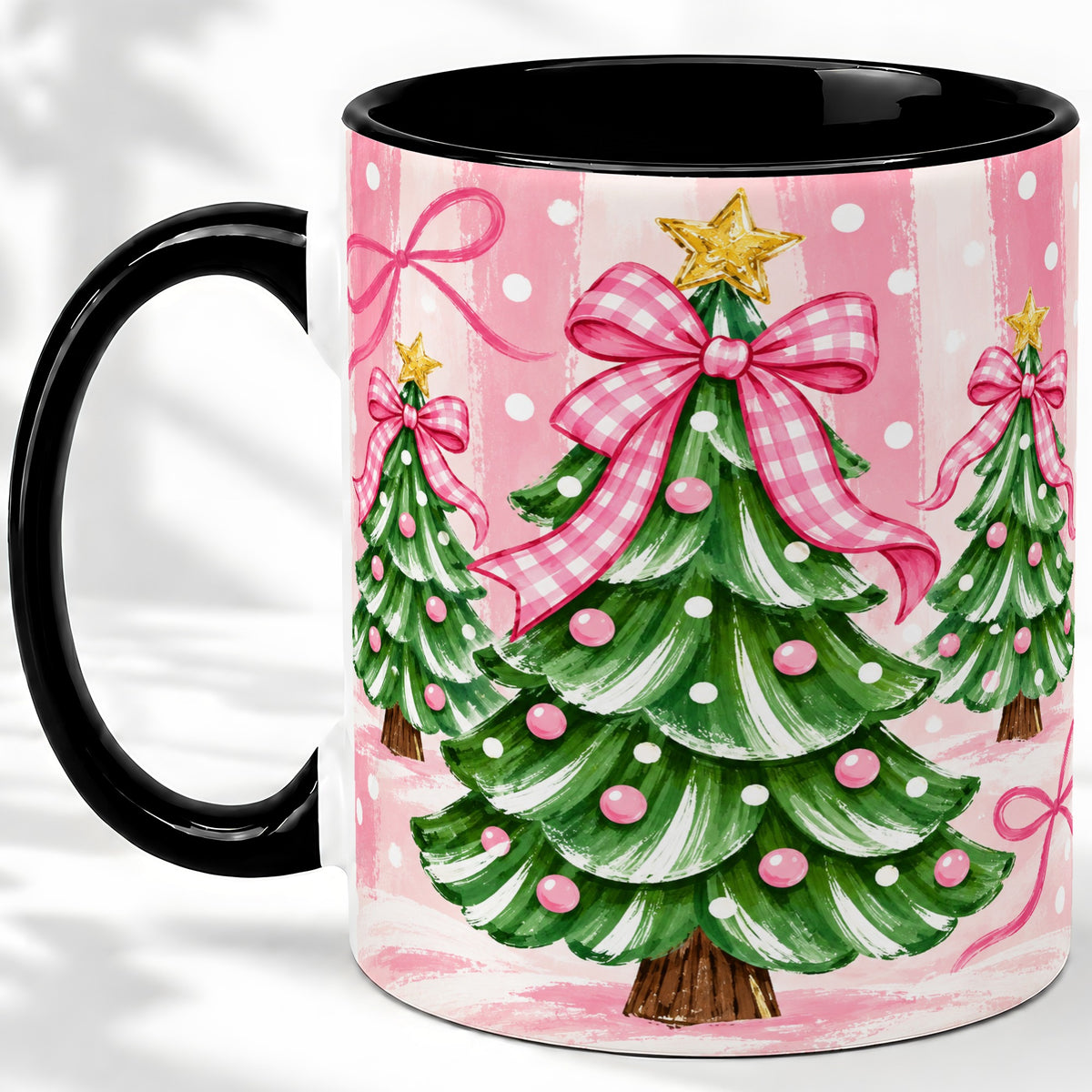 #pl[11oz|Black] Pink Gingham Christmas Tree Accent Mug, Ceramic Mug for Holiday Fans