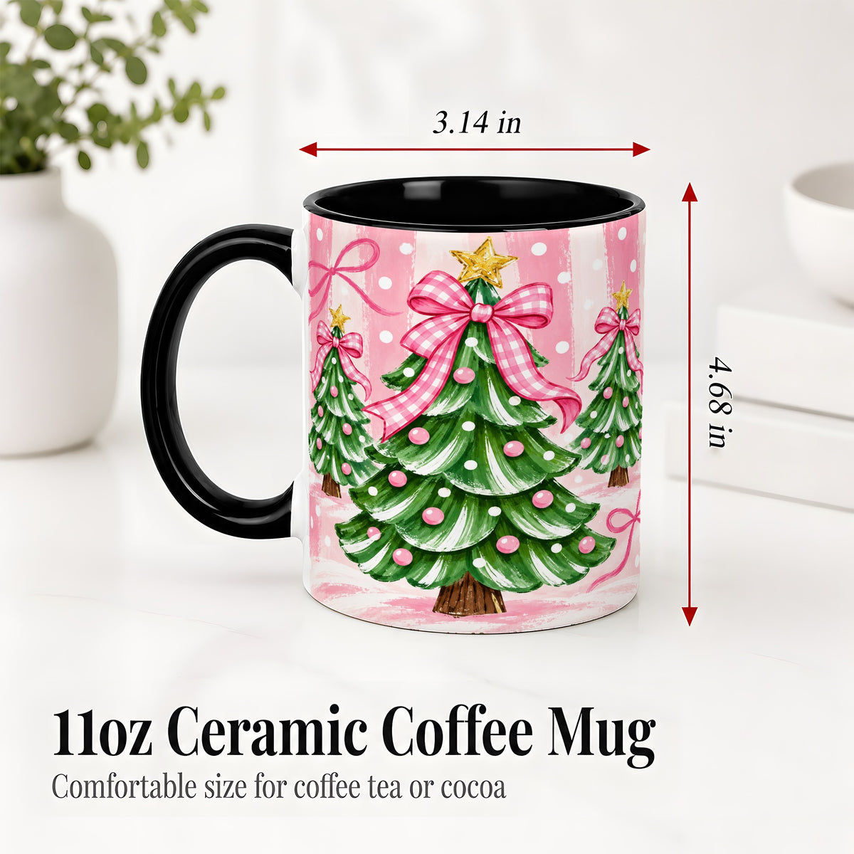 #pl[11oz|Black] Pink Gingham Christmas Tree Accent Mug, Ceramic Mug for Holiday Fans